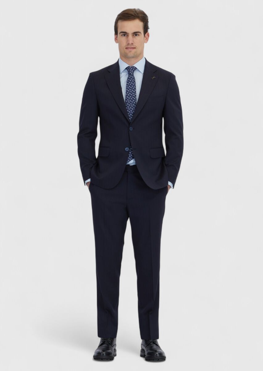 Navy Blue Striped Zeroweight Slim Fit Wool Blended Suit - 2