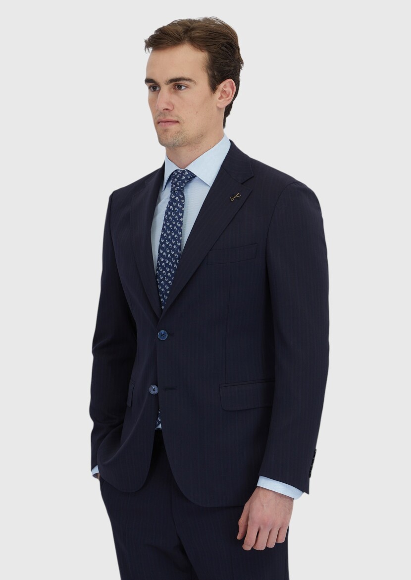 Navy Blue Striped Zeroweight Slim Fit Wool Blended Suit - 3