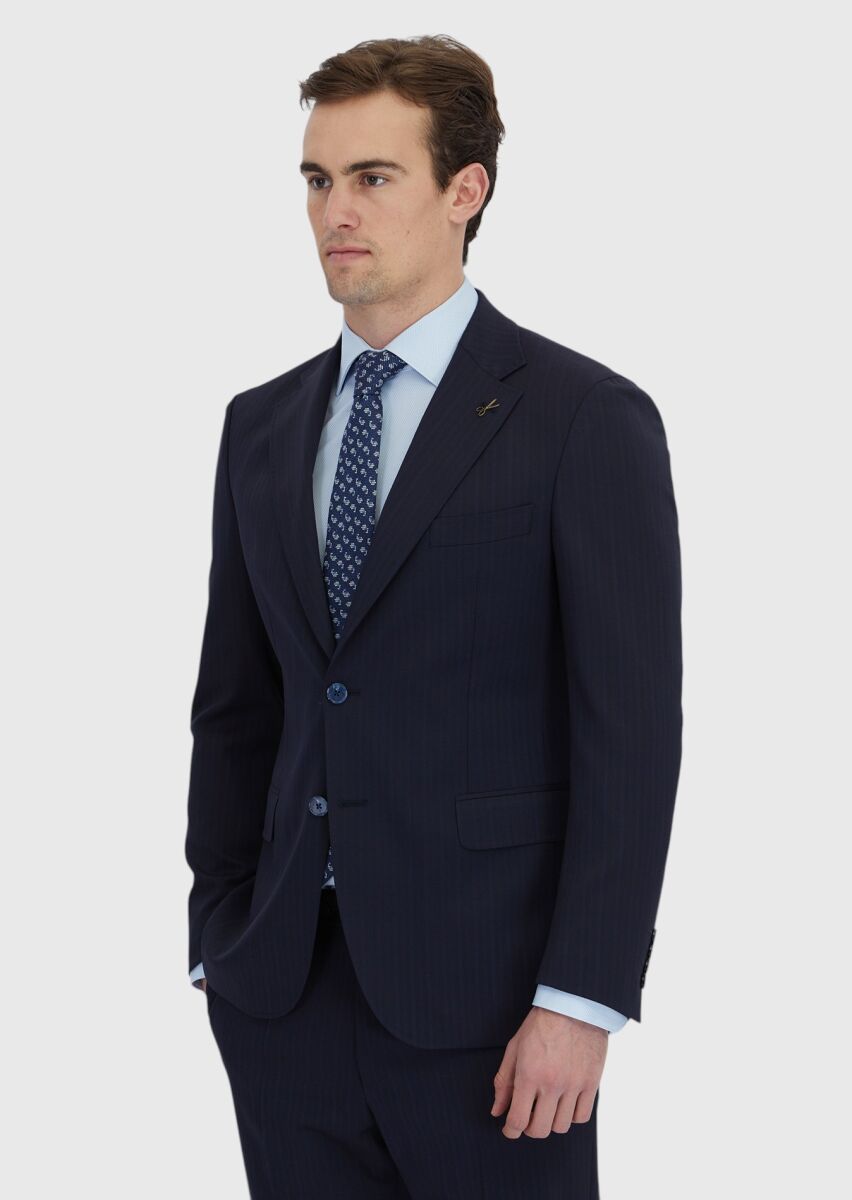 Navy Blue Striped Zeroweight Slim Fit Wool Blended Suit - 3