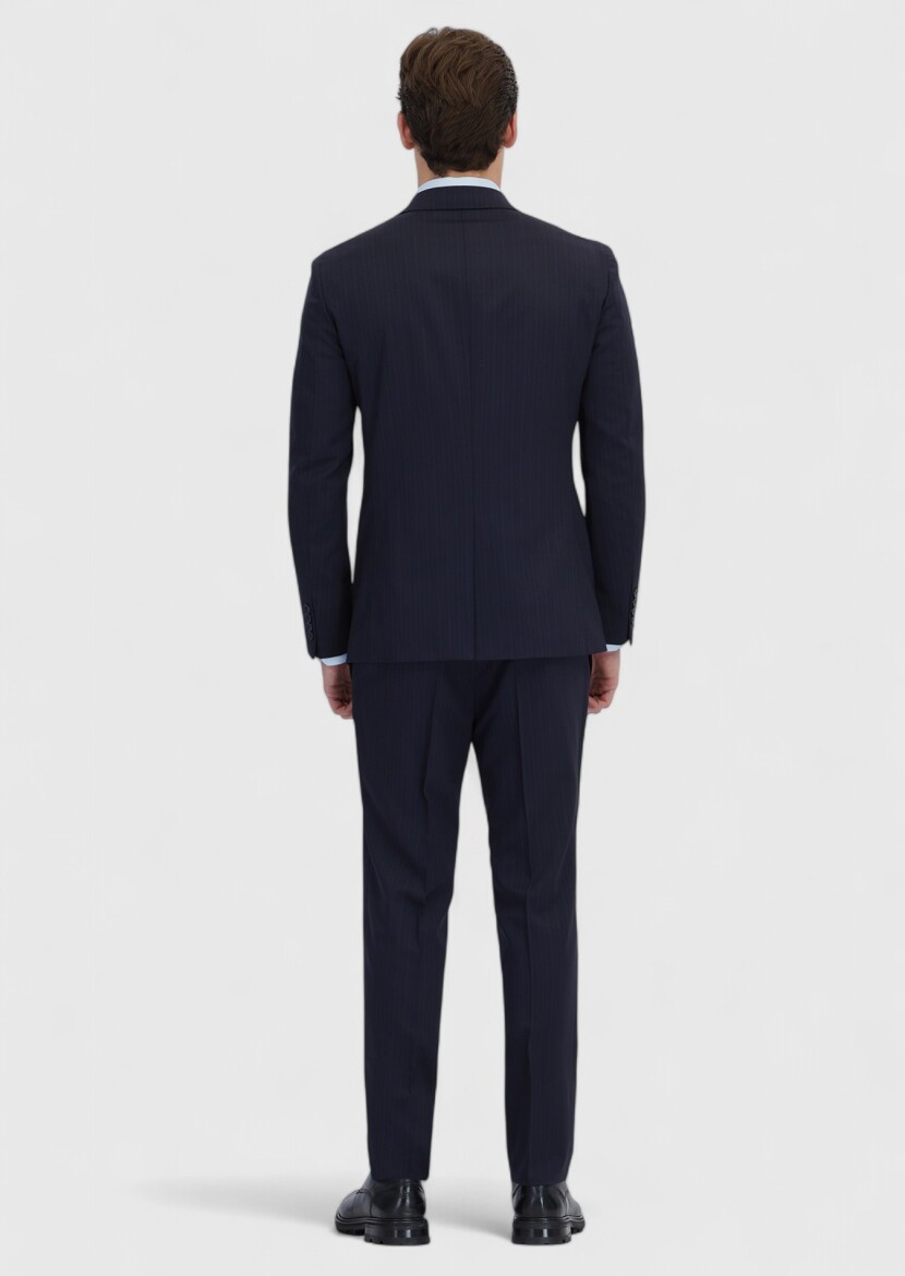 Navy Blue Striped Zeroweight Slim Fit Wool Blended Suit - 7