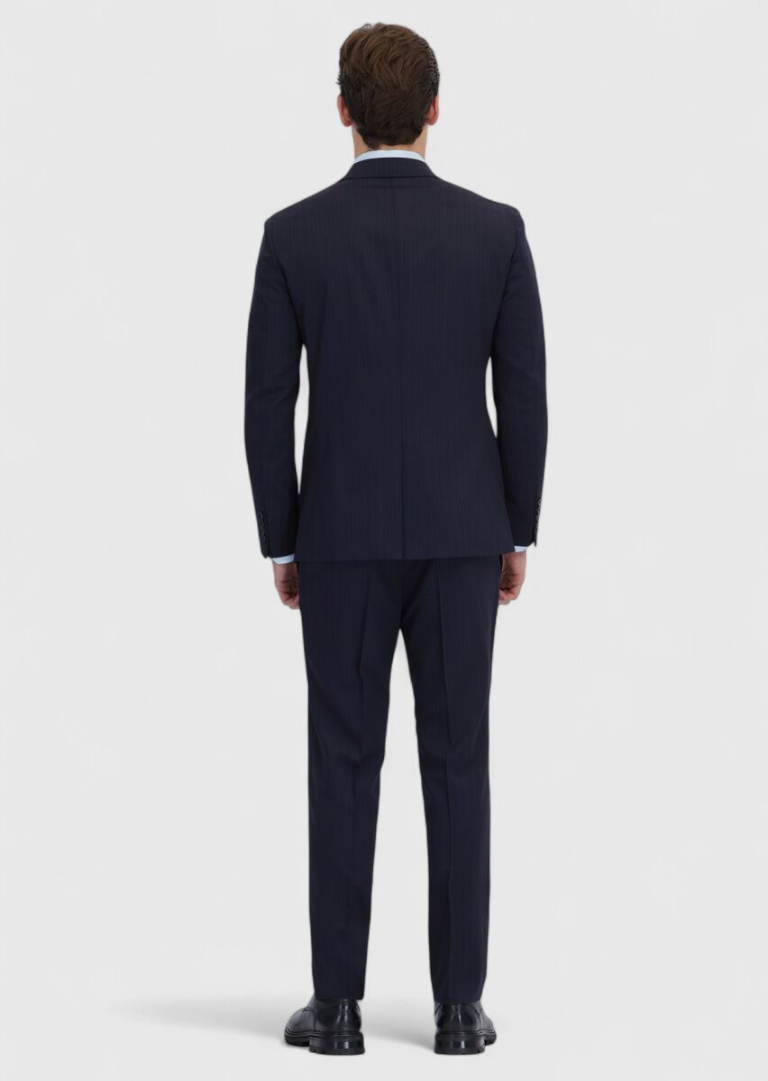 Navy Blue Striped Zeroweight Slim Fit Wool Blended Suit - 7
