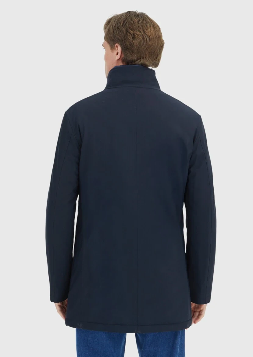 Navy Blue Turtleneck Casual Weaving Coat - 5