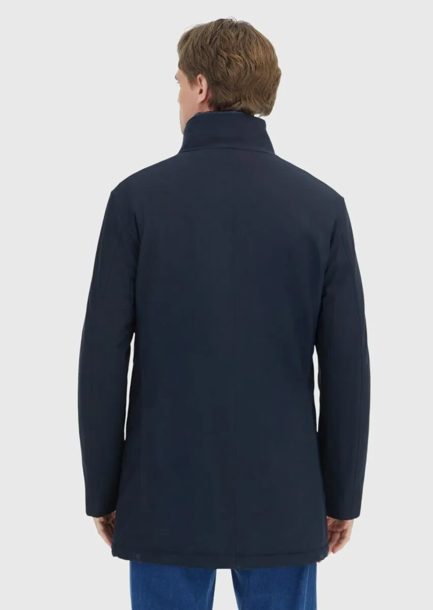 Navy Blue Turtleneck Casual Weaving Coat - 5