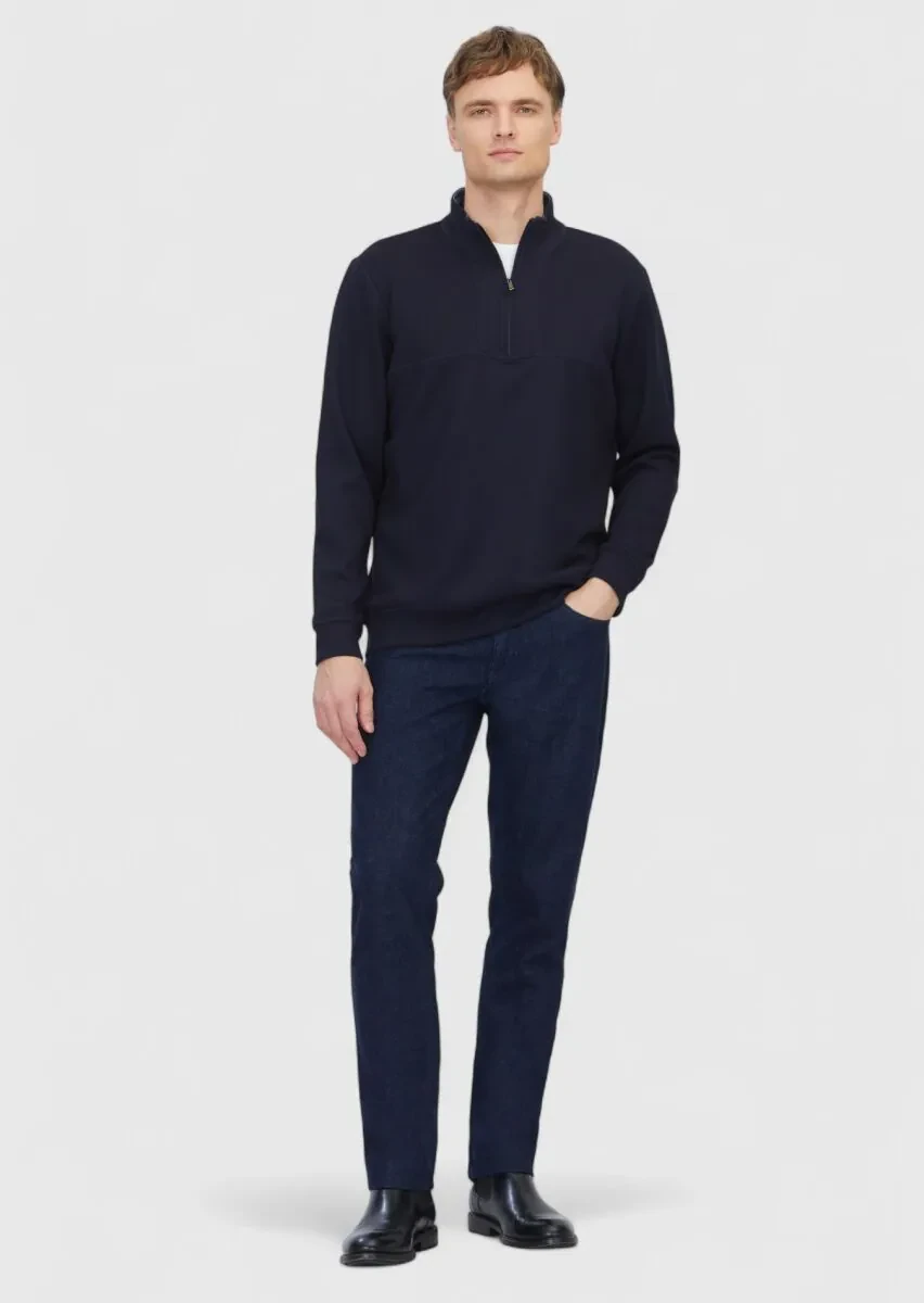 Navy Blue Turtleneck Plain Sweatshirt - 2