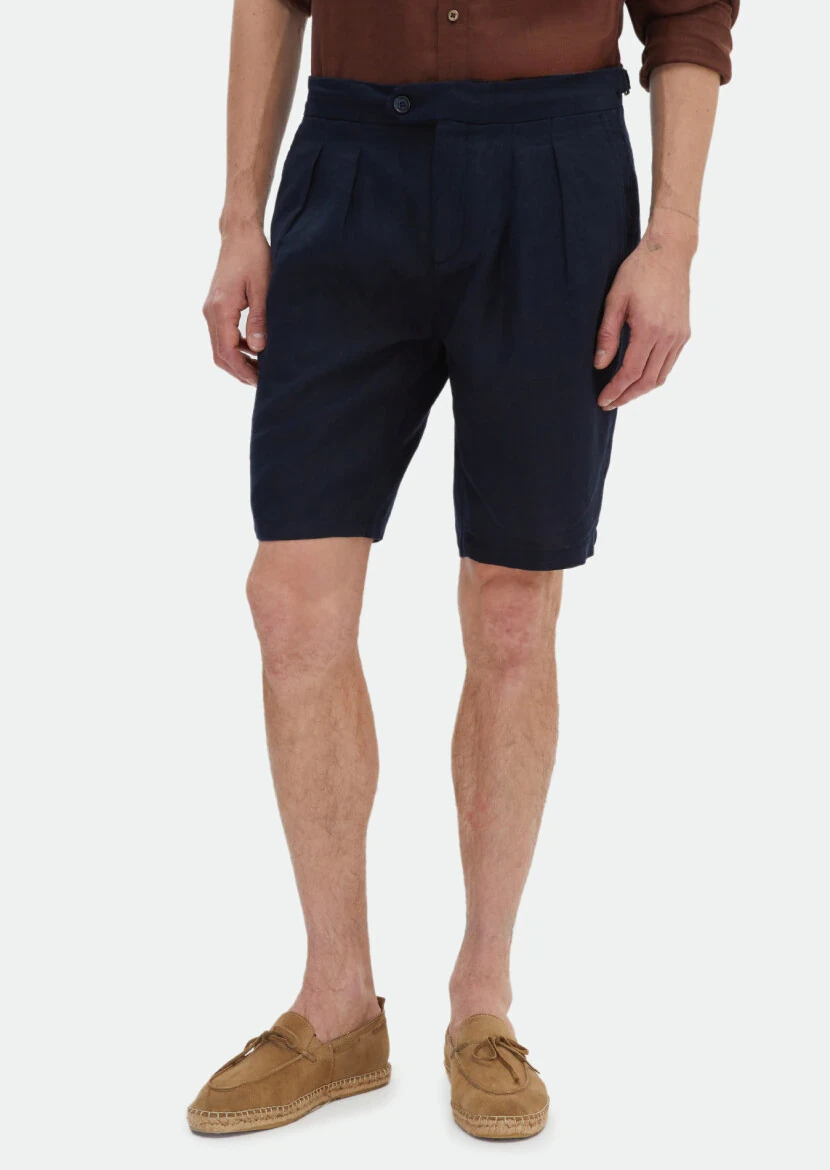 Navy Blue Weaving Carrot Fit Casual 100% Linen Bermuda - RAMSEY