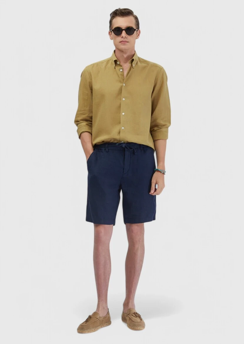 Navy Blue Weaving Carrot Fit Casual 100% Linen Bermuda 