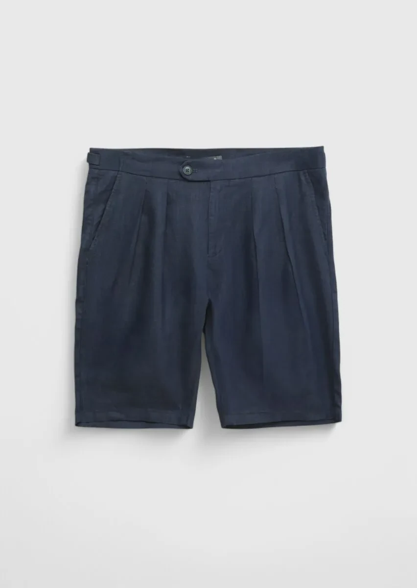 Navy Blue Weaving Carrot Fit Casual 100% Linen Bermuda - 6