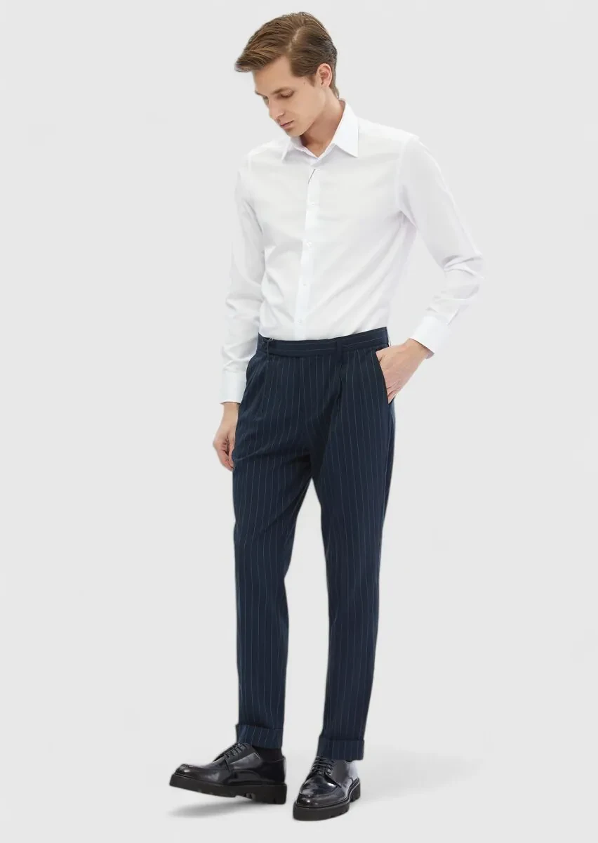 Navy Blue Weaving Carrot Fit Classical Trousers - 1