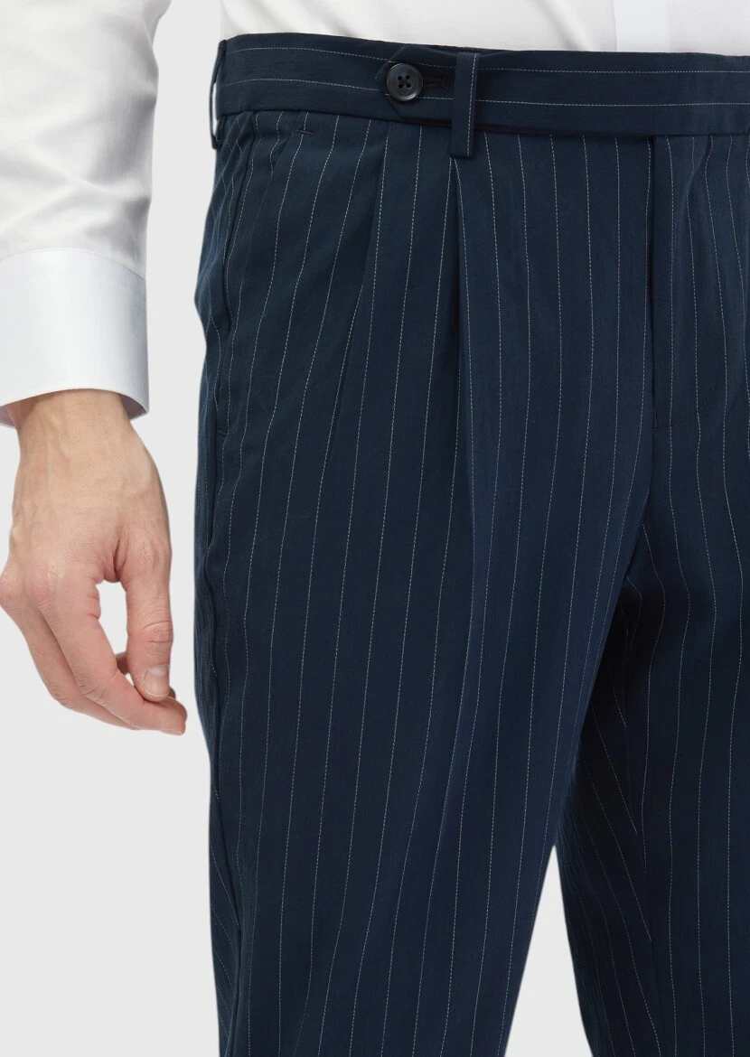 Navy Blue Weaving Carrot Fit Classical Trousers - 5