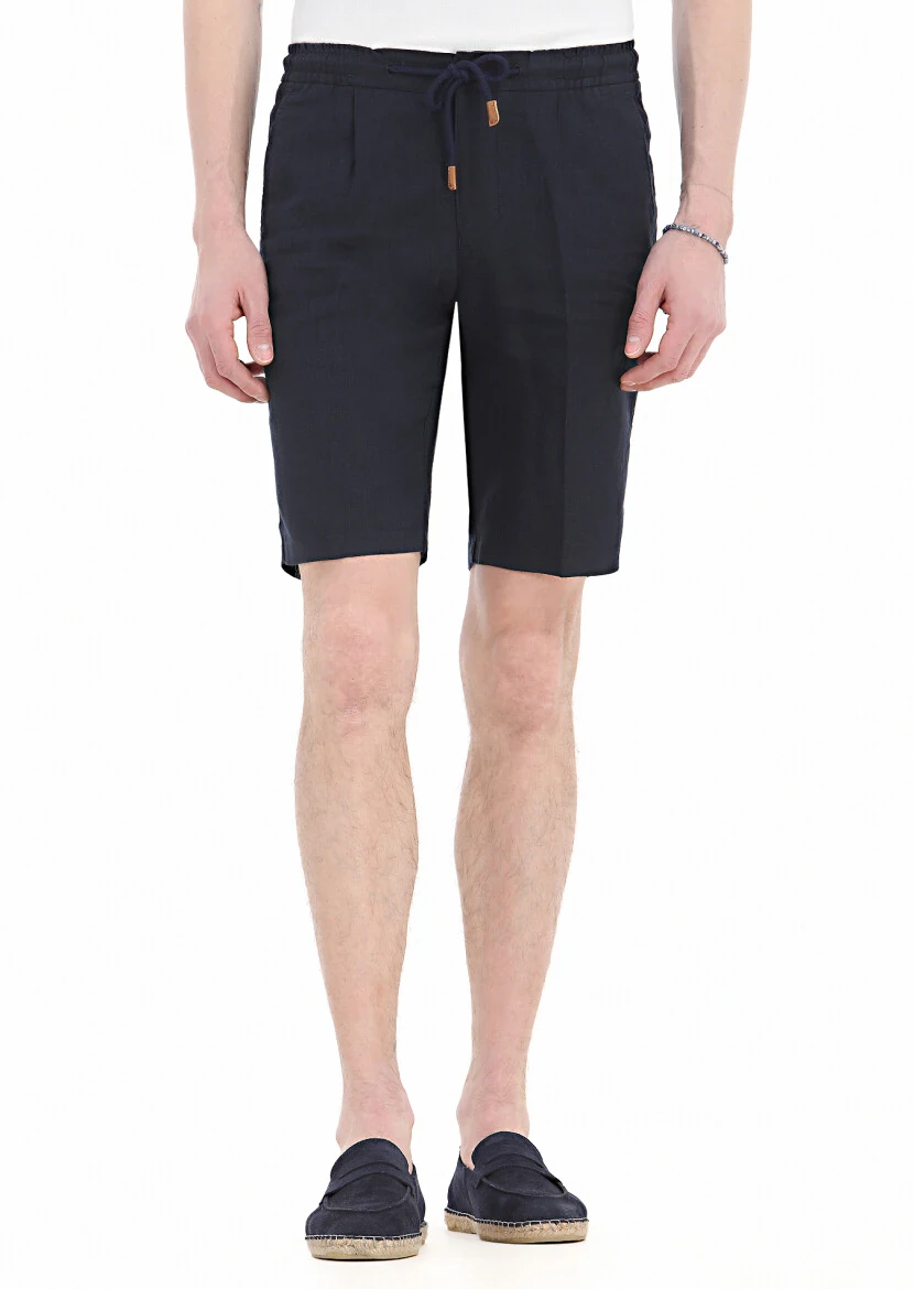 Navy Blue Weaving Jogging Fit Casual 100% Linen Bermuda - 2