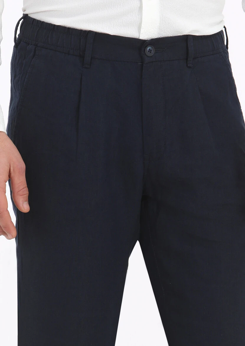 Navy Blue Weaving Jogging Fit Casual 100% Linen Trousers - 3