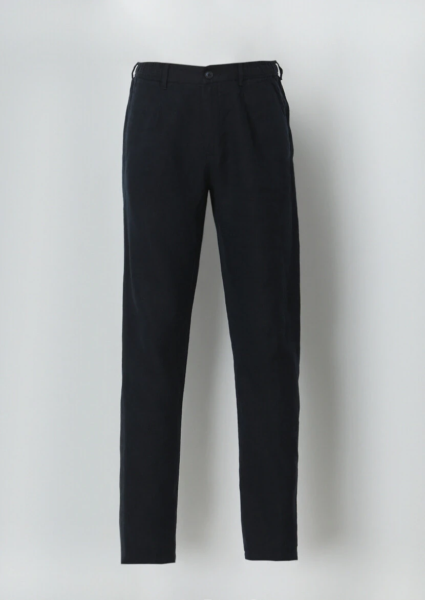 Navy Blue Weaving Jogging Fit Casual 100% Linen Trousers - 5