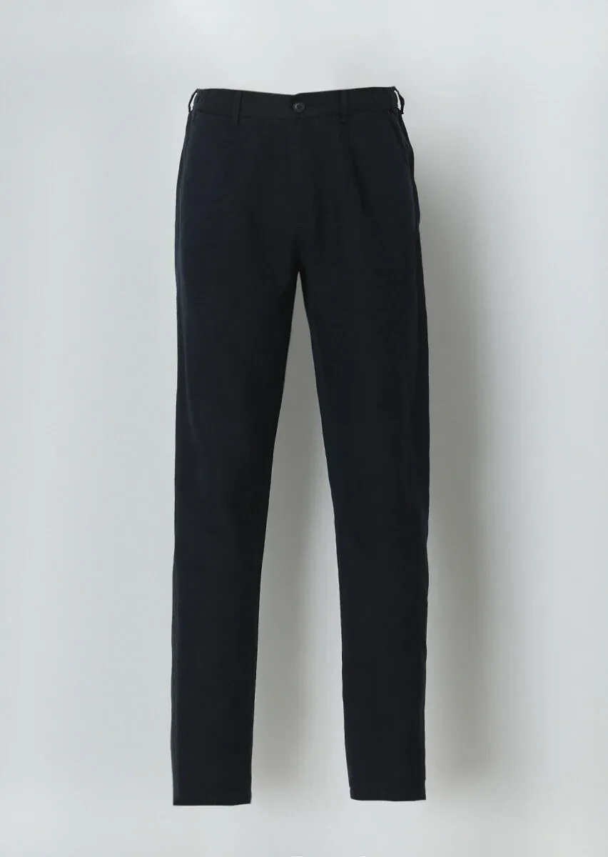 Navy Blue Weaving Jogging Fit Casual 100% Linen Trousers - 5