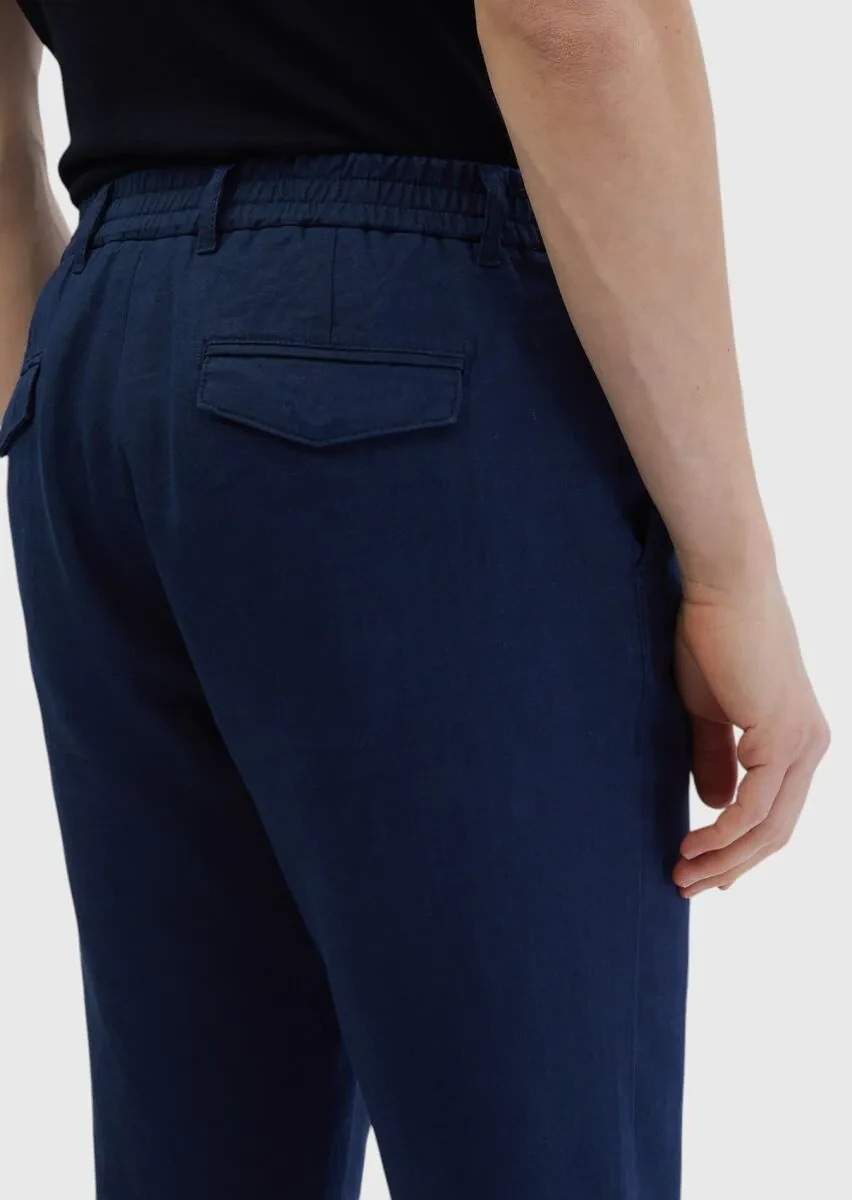Navy Blue Weaving Jogging Fit Casual 100% Linen Trousers - 4