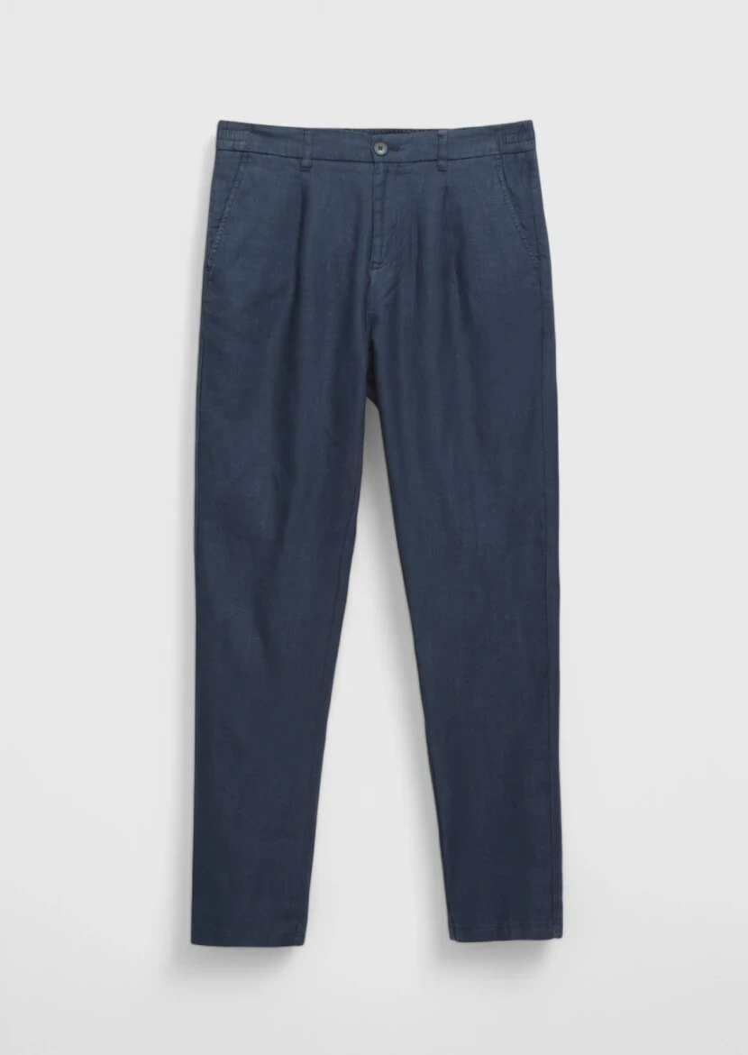 Navy Blue Weaving Jogging Fit Casual 100% Linen Trousers - 6