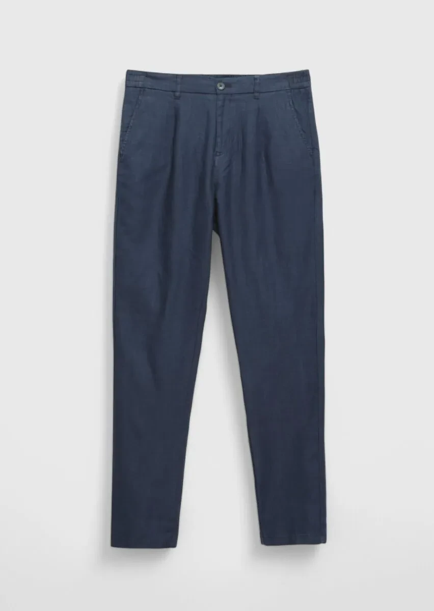 Navy Blue Weaving Jogging Fit Casual 100% Linen Trousers - 6