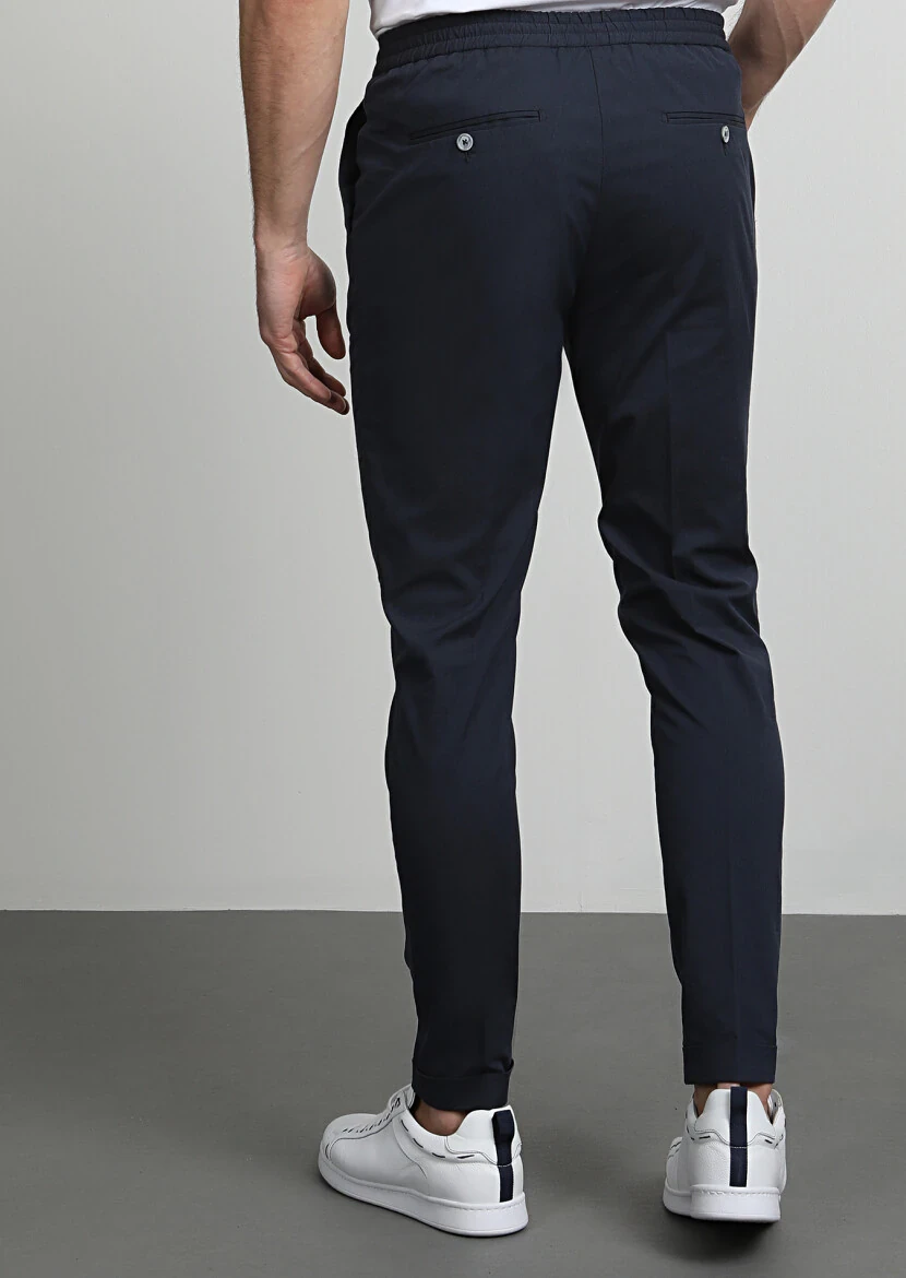 Navy Blue Weaving Jogging Fit Casual Cotton Blended Trousers - 4