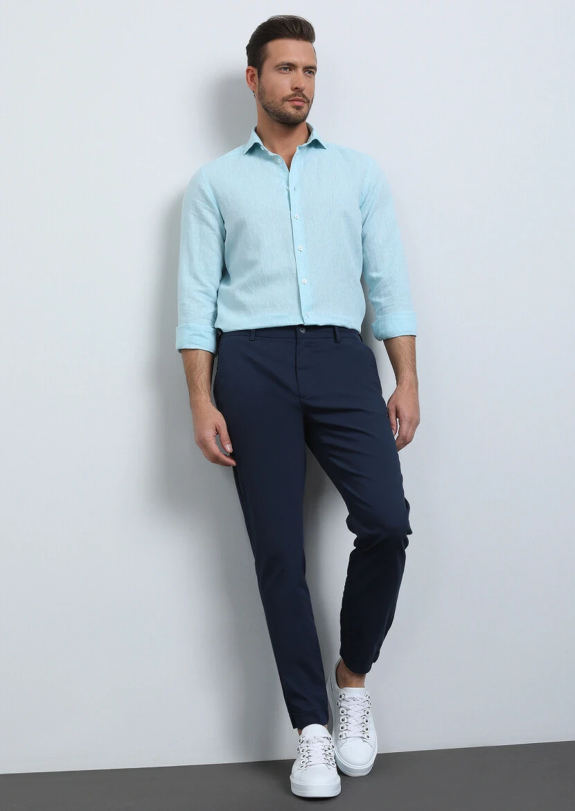 Navy Blue Weaving Jogging Fit Casual Cotton Blended Trousers - 1