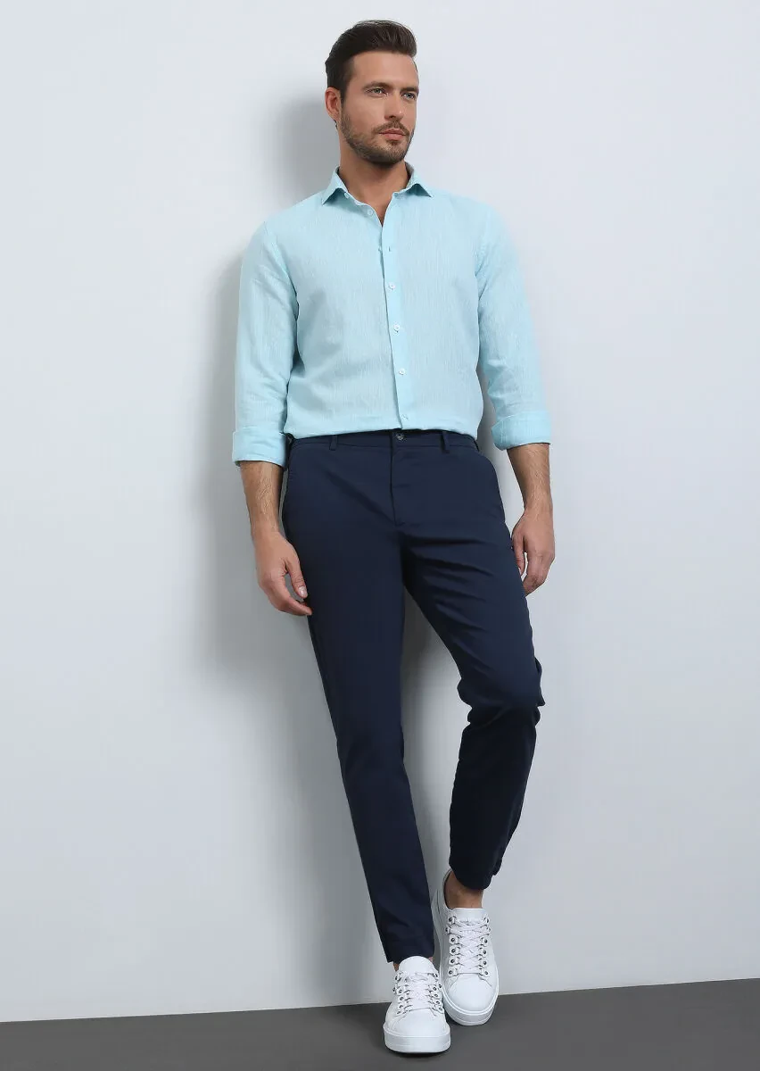 Navy Blue Weaving Jogging Fit Casual Cotton Blended Trousers - 1