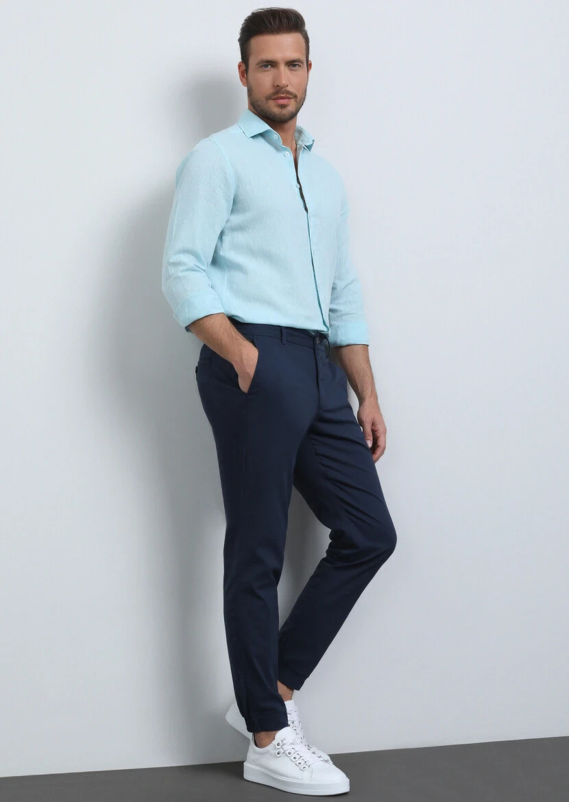 Navy Blue Weaving Jogging Fit Casual Cotton Blended Trousers 