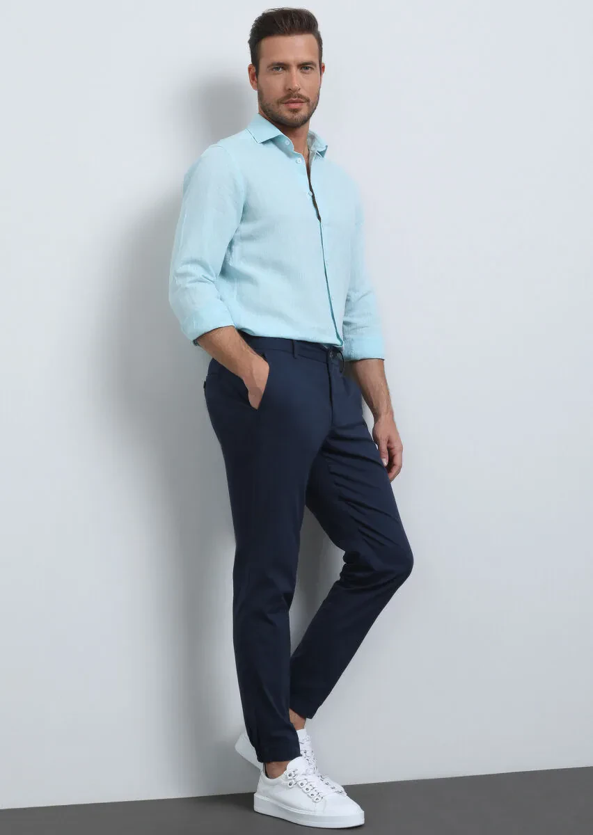Navy Blue Weaving Jogging Fit Casual Cotton Blended Trousers - 2