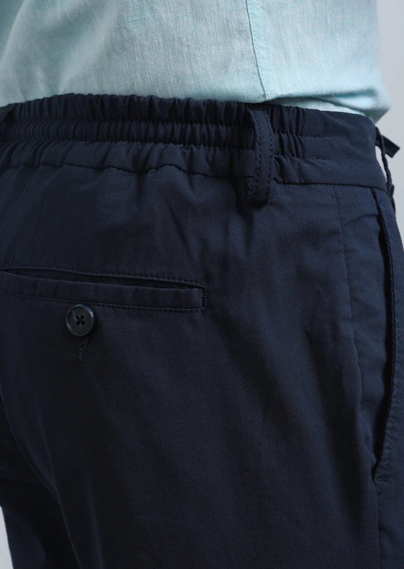 Navy Blue Weaving Jogging Fit Casual Cotton Blended Trousers - 4