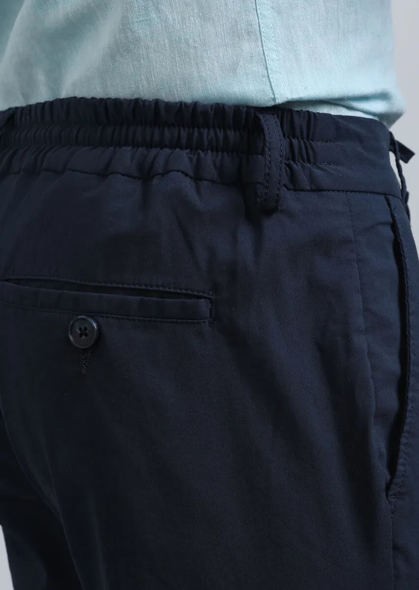 Navy Blue Weaving Jogging Fit Casual Cotton Blended Trousers - 4