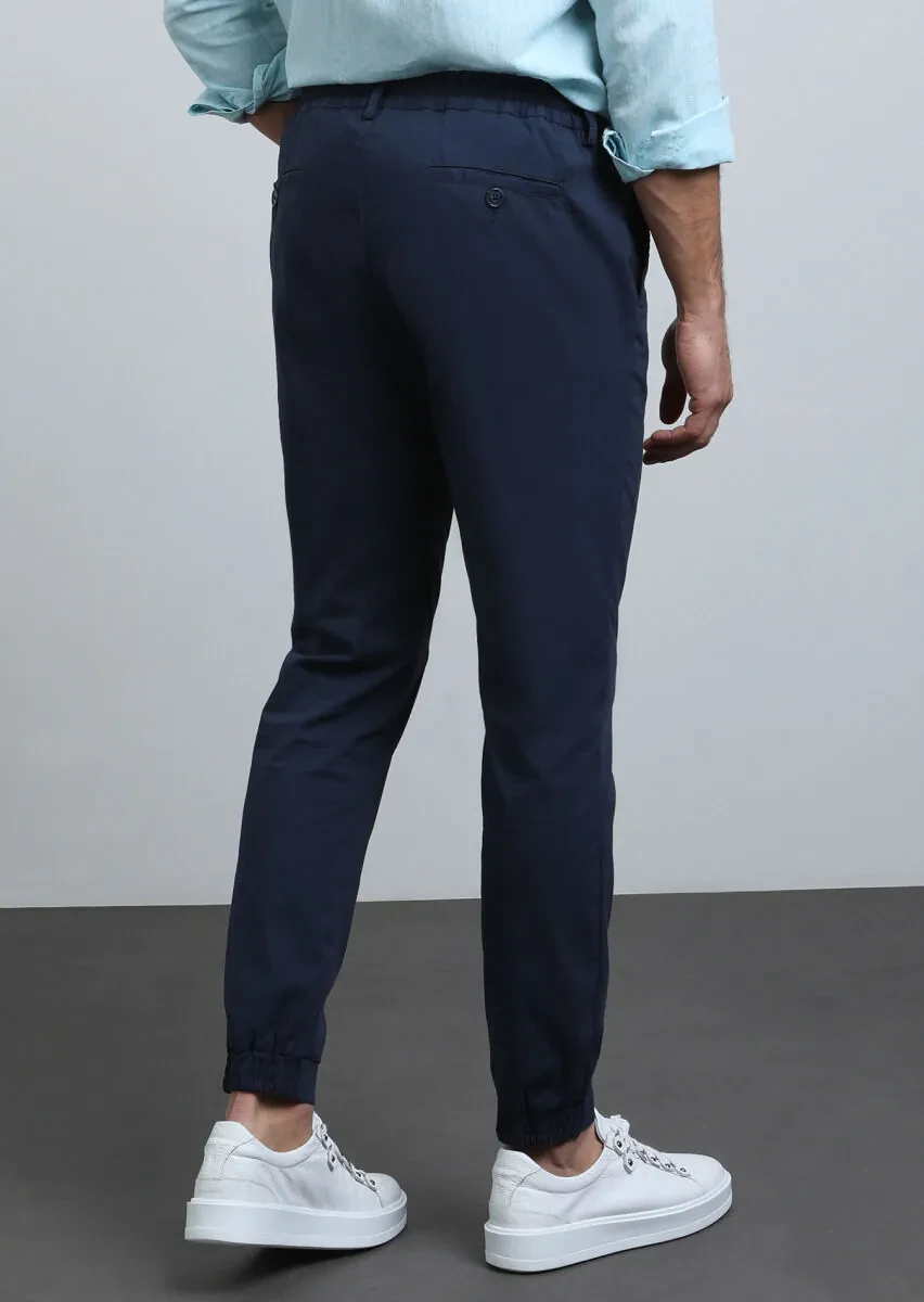 Navy Blue Weaving Jogging Fit Casual Cotton Blended Trousers - 5