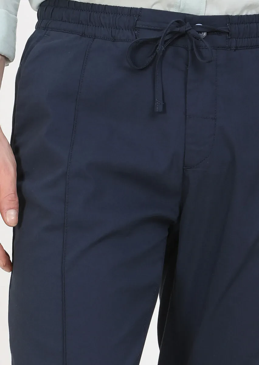 Navy Blue Weaving Jogging Fit Casual Cotton Blended Trousers - 3