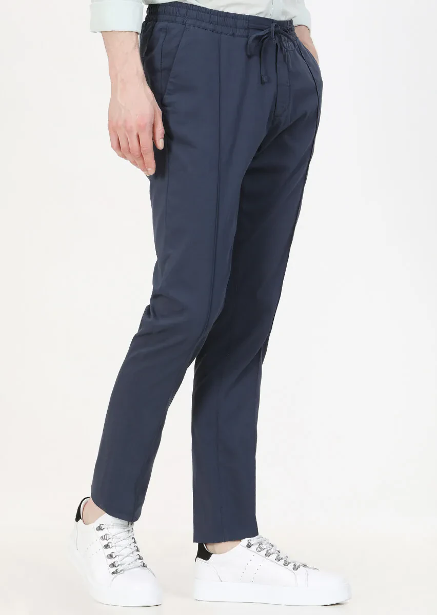 Navy Blue Weaving Jogging Fit Casual Cotton Blended Trousers - 4