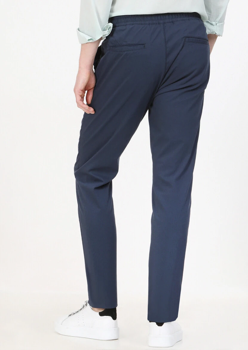 Navy Blue Weaving Jogging Fit Casual Cotton Blended Trousers - 5