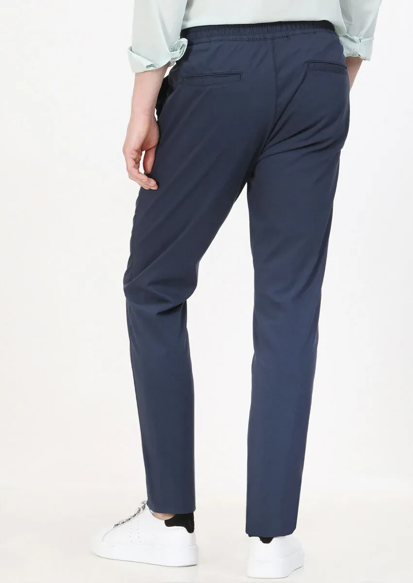 Navy Blue Weaving Jogging Fit Casual Cotton Blended Trousers - 5