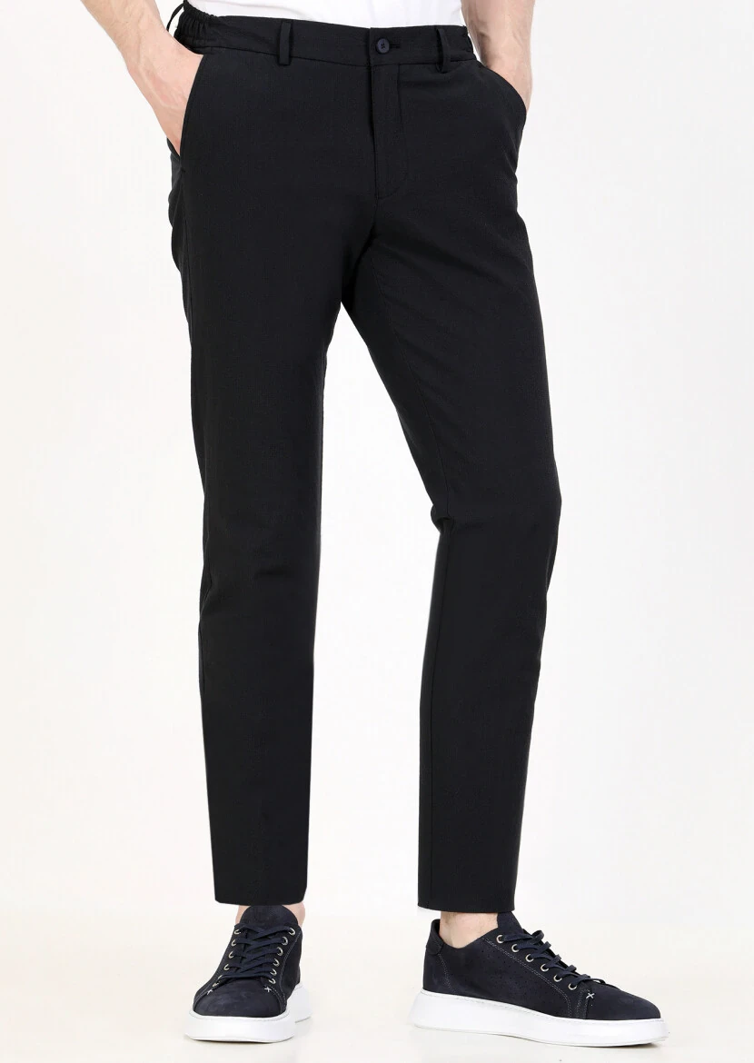 Navy Blue Weaving Jogging Fit Casual Cotton Blended Trousers 