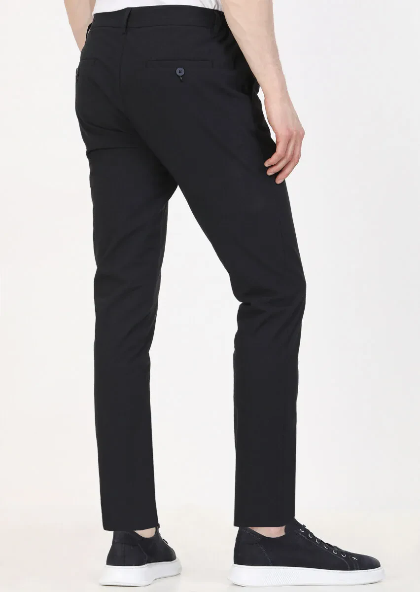 Navy Blue Weaving Jogging Fit Casual Cotton Blended Trousers - 4