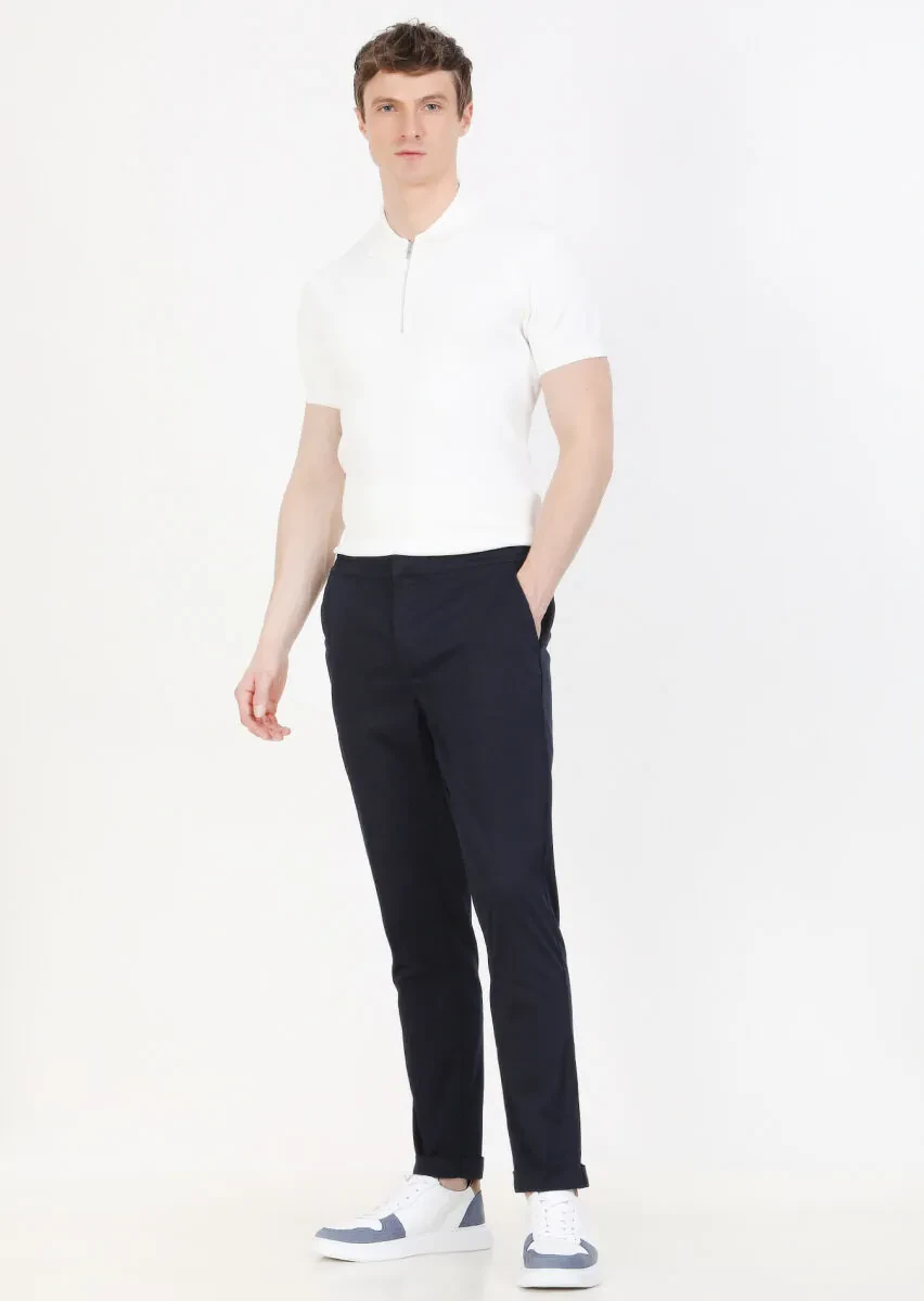 Navy Blue Weaving Jogging Fit Casual Cotton Blended Trousers - 1