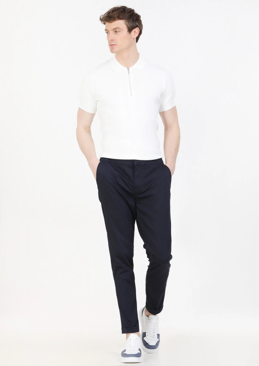 Navy Blue Weaving Jogging Fit Casual Cotton Blended Trousers 