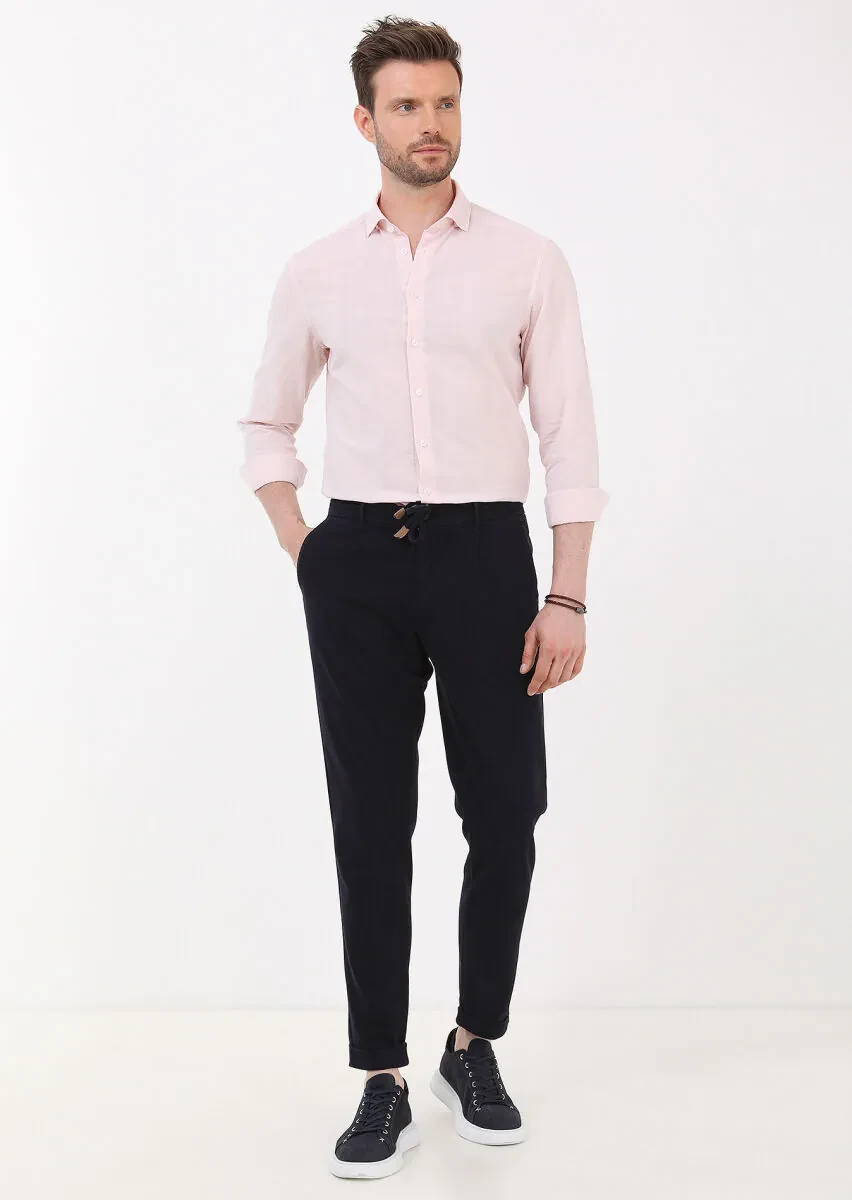 Navy Blue Weaving Jogging Fit Casual Cotton Blended Trousers - 2