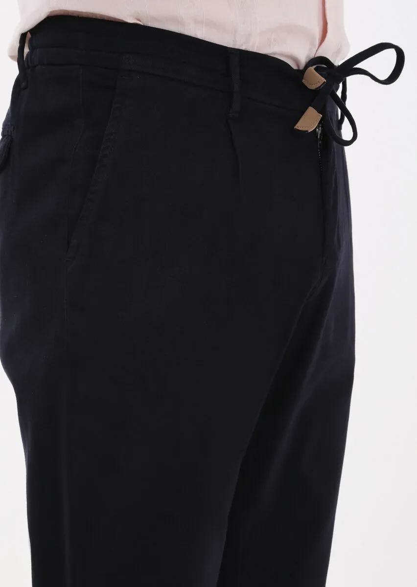 Navy Blue Weaving Jogging Fit Casual Cotton Blended Trousers - 3