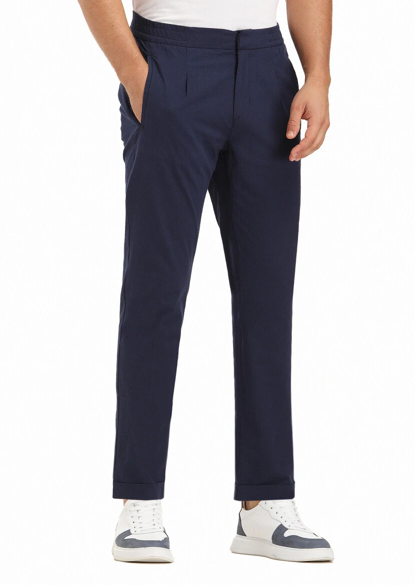 Navy Blue Weaving Jogging Fit Casual Cotton Blended Trousers 