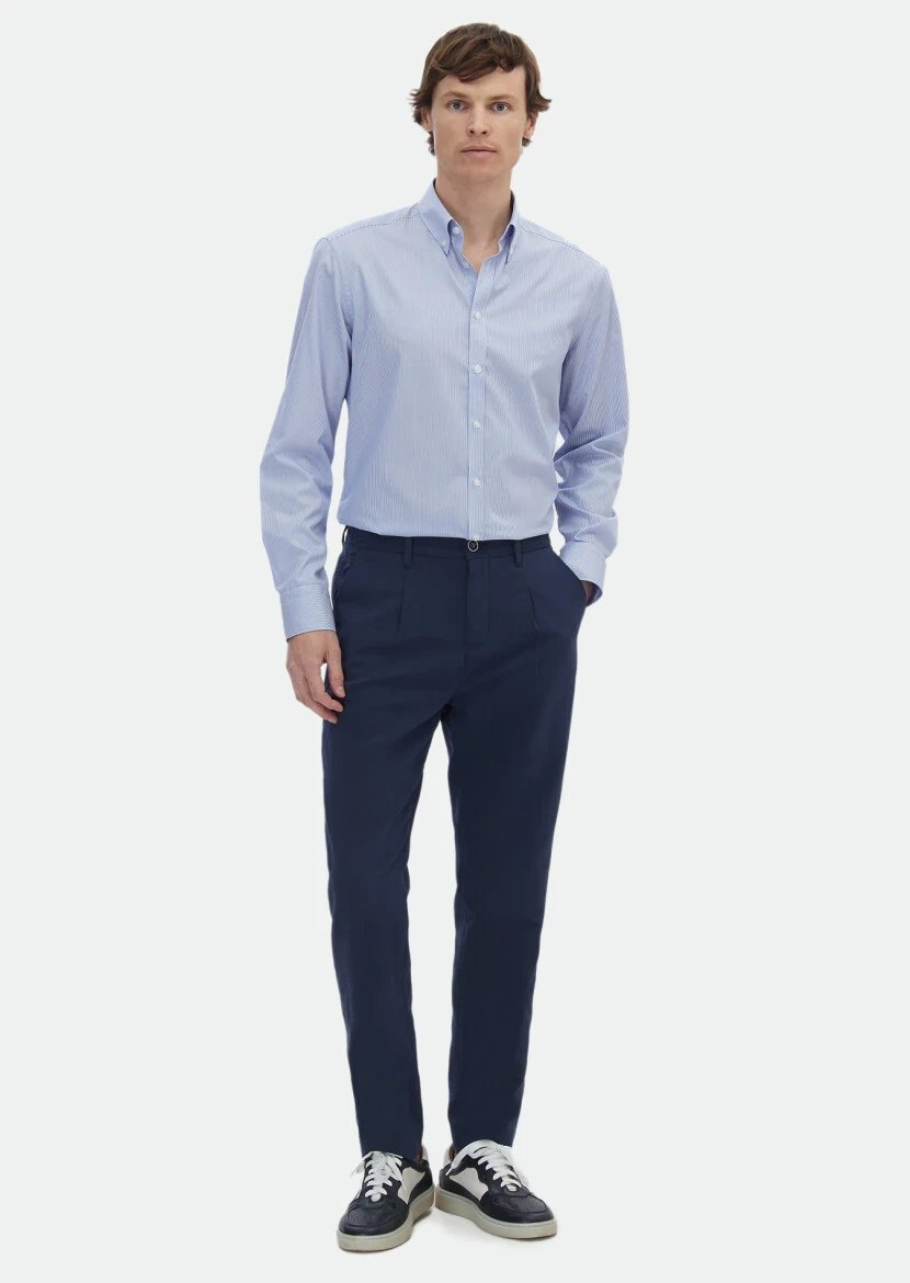 Navy Blue Weaving Jogging Fit Casual Cotton Blended Trousers - RAMSEY