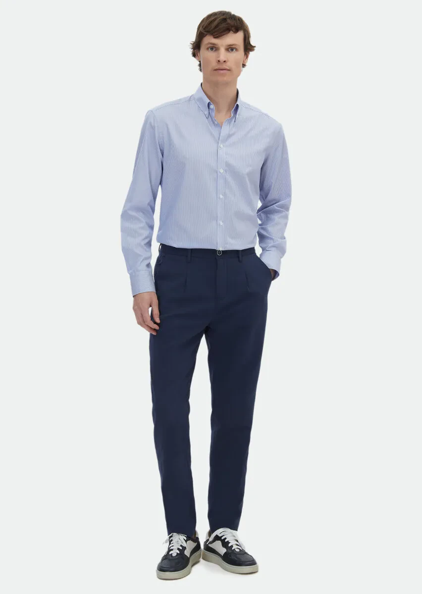 Navy Blue Weaving Jogging Fit Casual Cotton Blended Trousers - 1