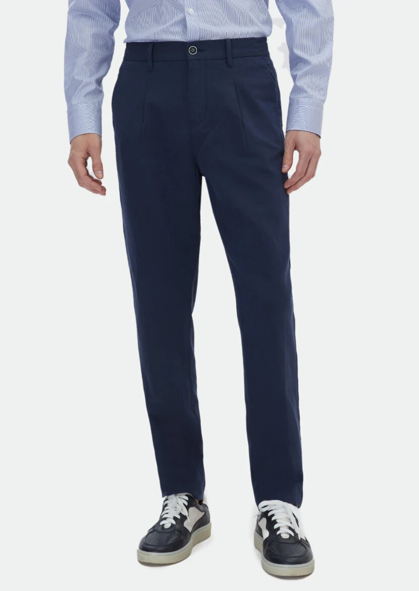 Navy Blue Weaving Jogging Fit Casual Cotton Blended Trousers - RAMSEY
