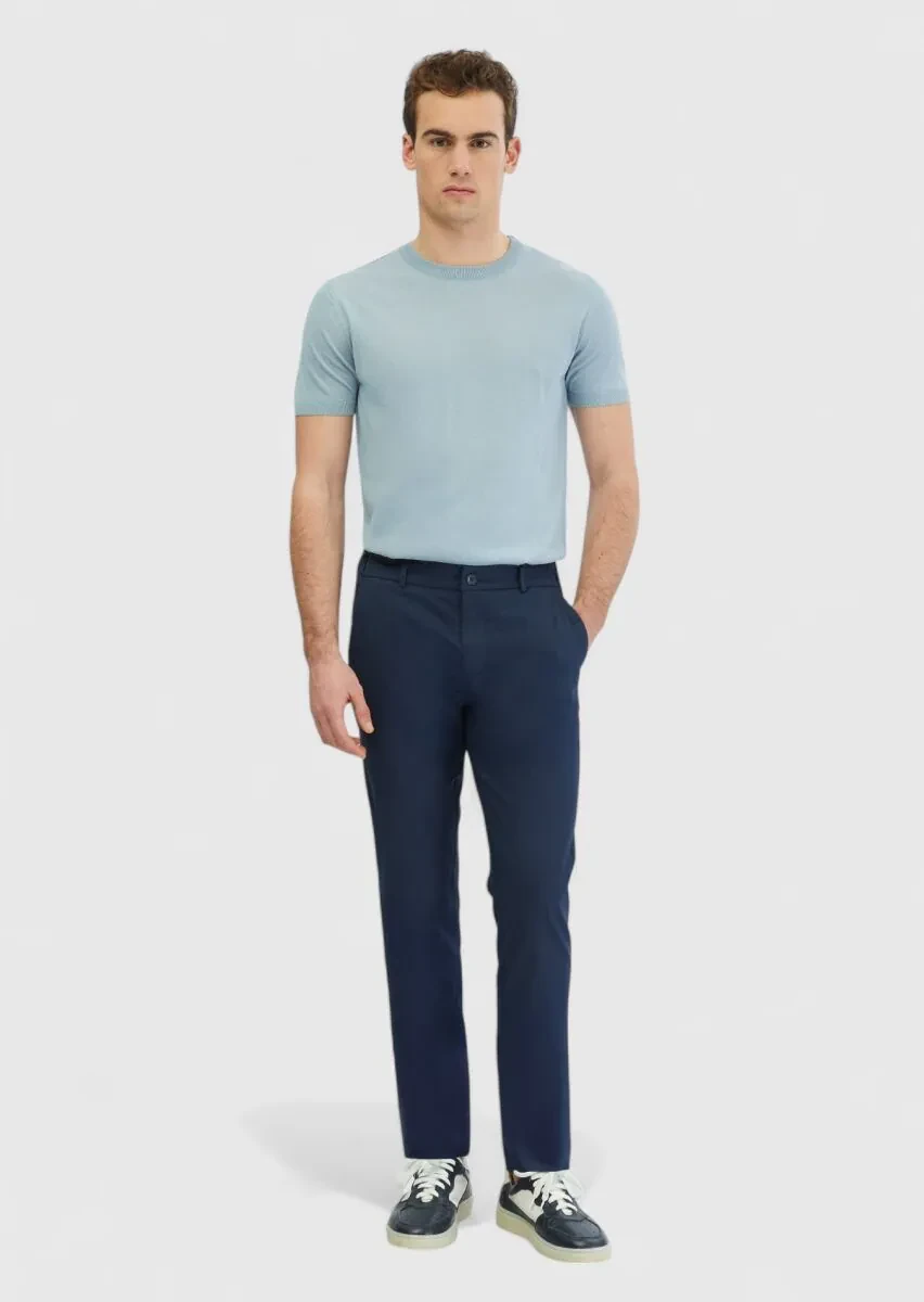 Navy Blue Weaving Jogging Fit Casual Cotton Blended Trousers - 1