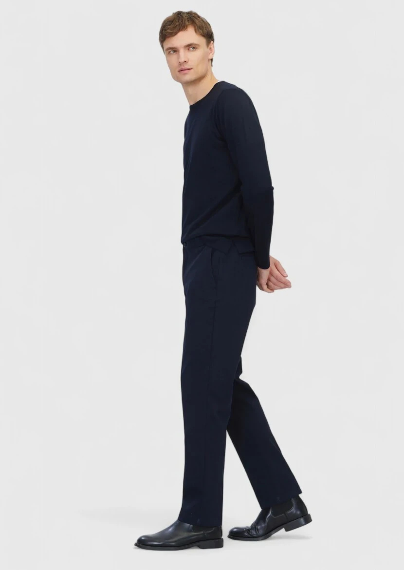 Navy Blue Weaving Jogging Fit Casual Cotton Blended Trousers - RAMSEY