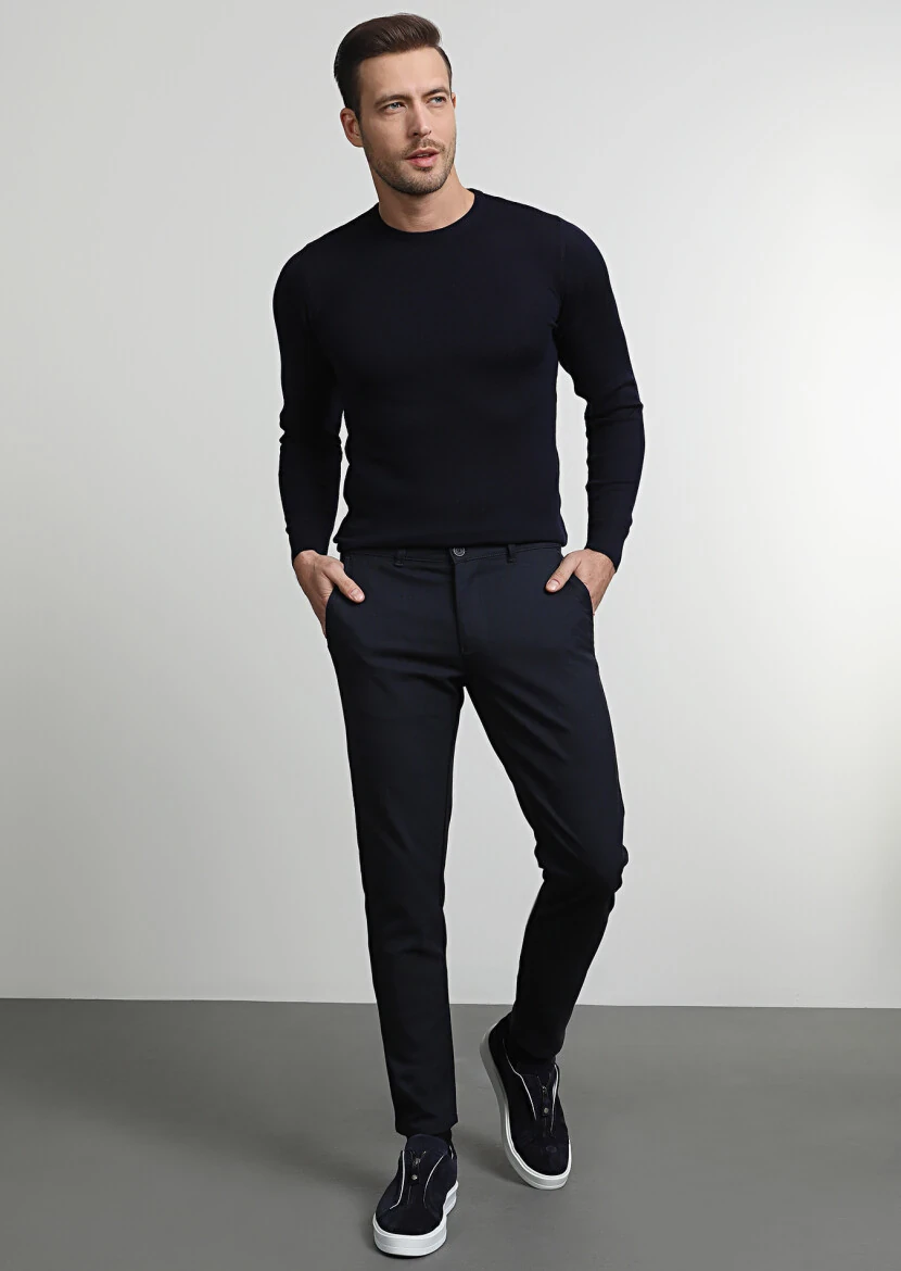 Navy Blue Weaving Jogging Fit Casual Trousers - 1