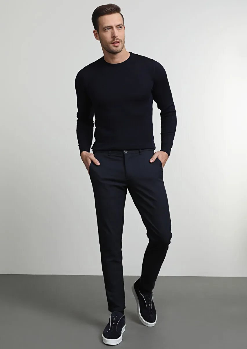 Navy Blue Weaving Jogging Fit Casual Trousers - 1