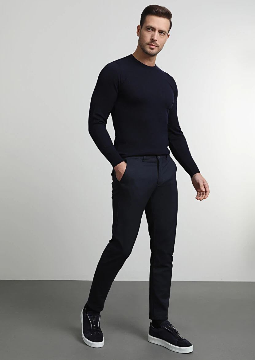 Navy Blue Weaving Jogging Fit Casual Trousers - 3