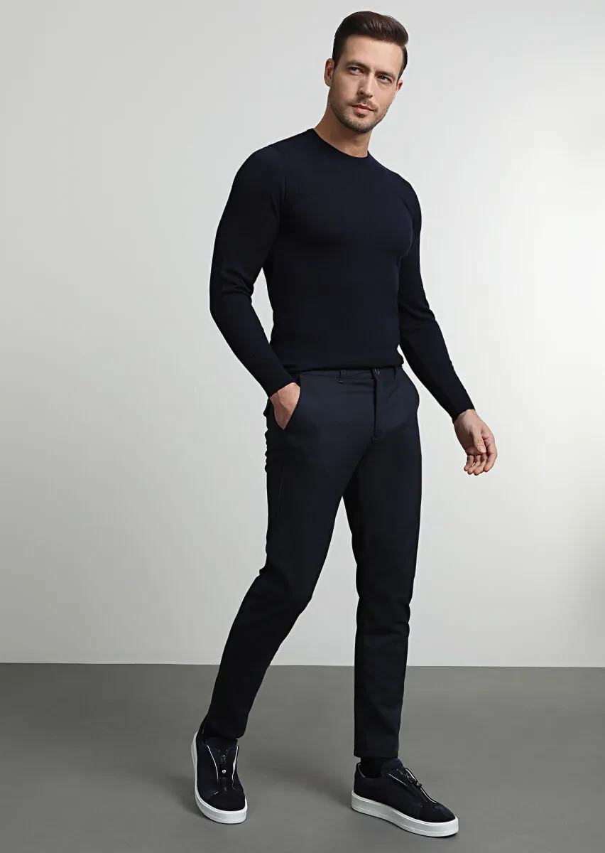 Navy Blue Weaving Jogging Fit Casual Trousers - 3