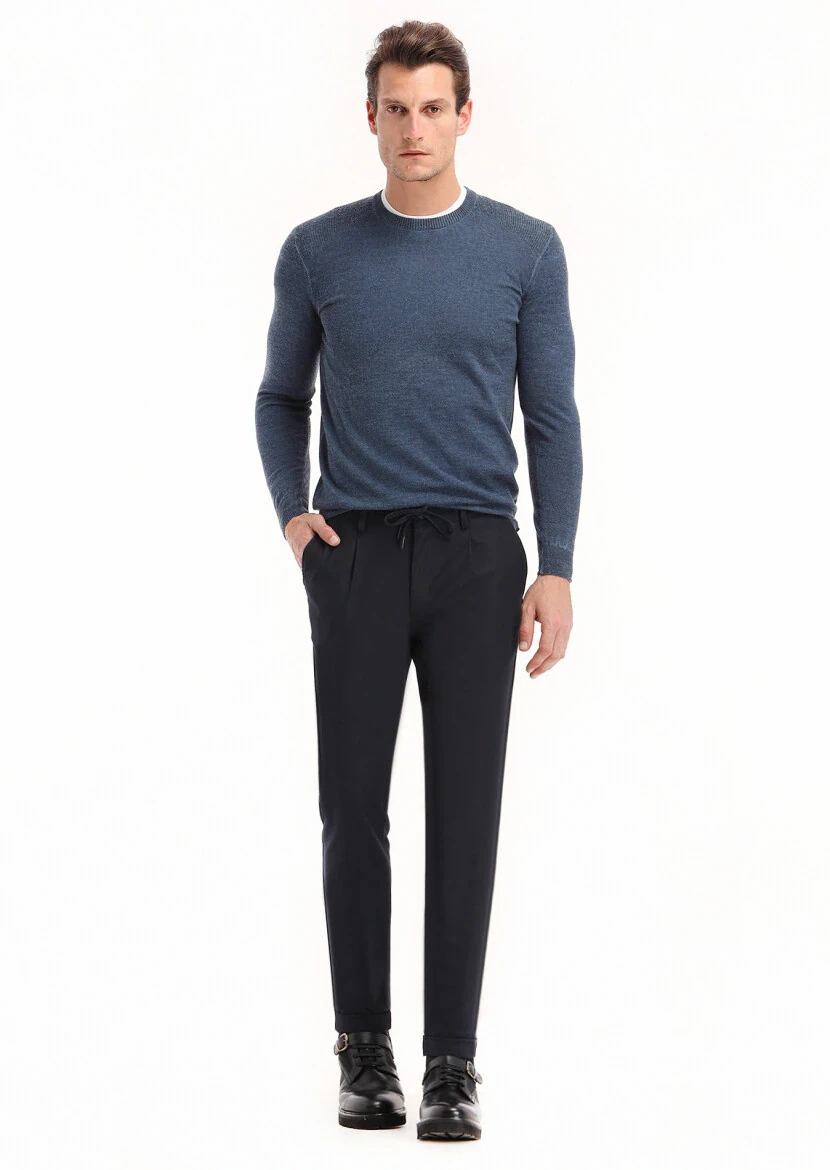 Navy Blue Weaving Jogging Fit Casual Trousers - 1