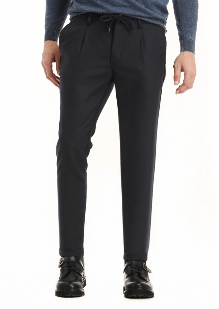 Navy Blue Weaving Jogging Fit Casual Trousers 